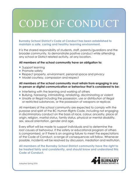 elementary school code of conduct examples