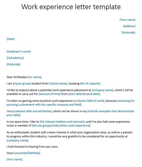 email example for work experience