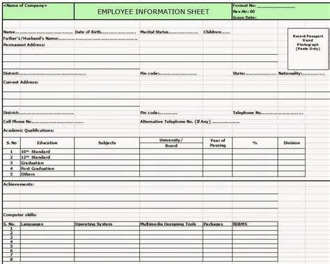 employee data sheet template excel