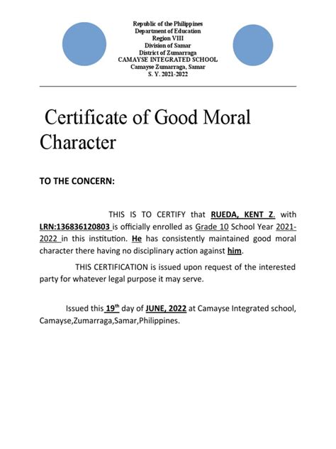 employee good moral character certificate sample
