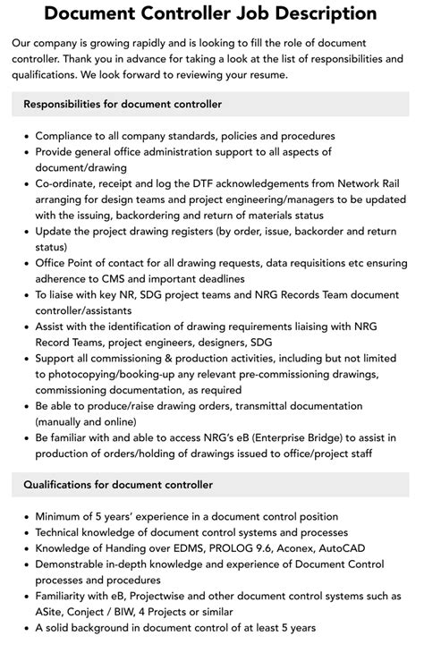 engineering document controller job description pdf