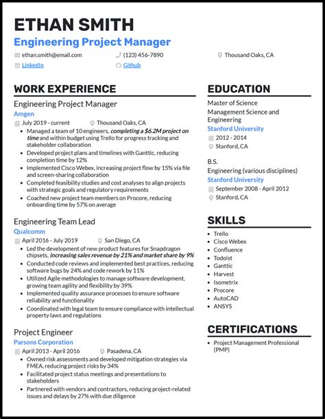 engineering project manager cv example