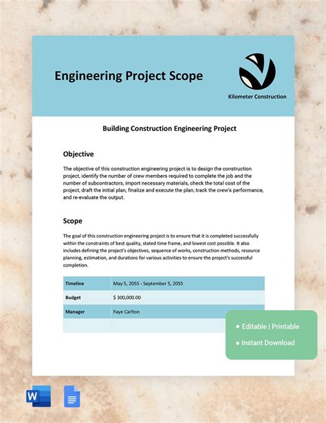 engineering project scope of work example