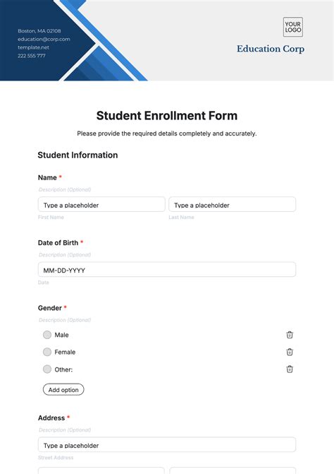 enrollment form template pdf