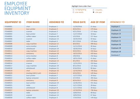 equipment list excel format
