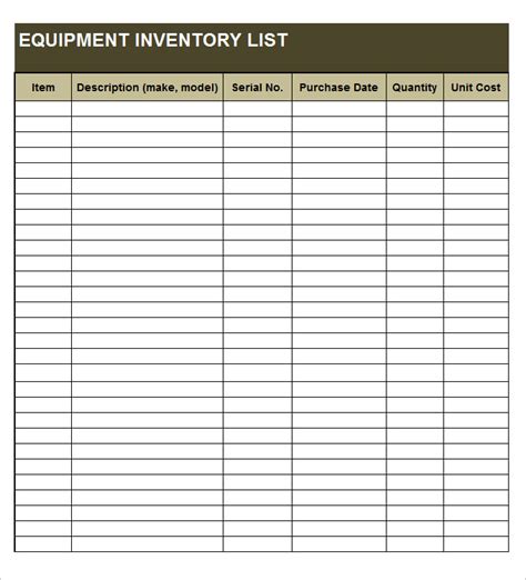 equipment list excel template