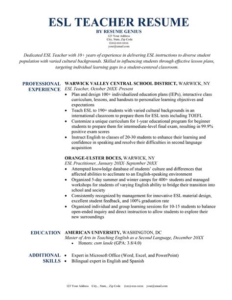 esl instructor resume sample