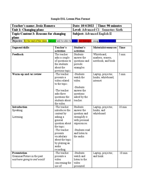 esl lesson plan examples pdf