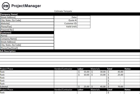 Estimation Excel Template