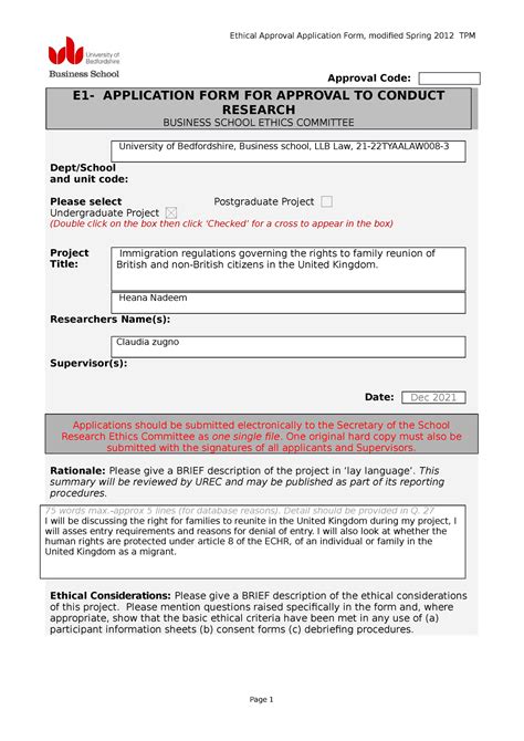 ethical approval application example