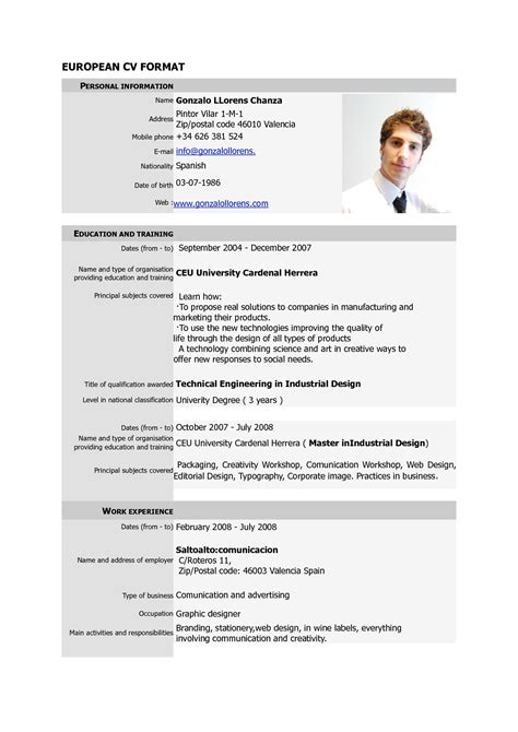 european curriculum vitae format example