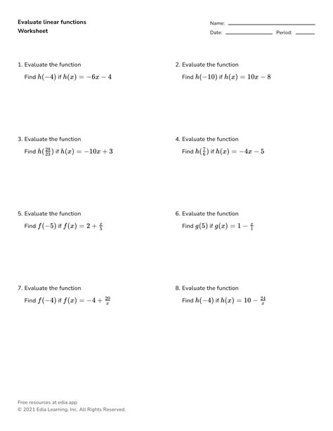 evaluate linear functions using function notation worksheet