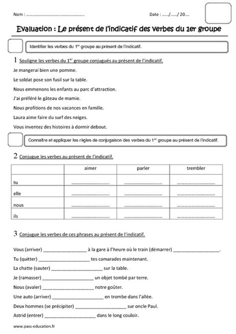 evaluation ce2 conjugaison present 1er groupe