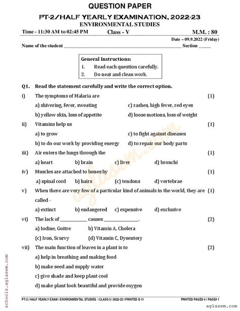 evs question paper for class 5 with answers pdf