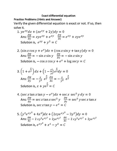 exact differential equation practice problems