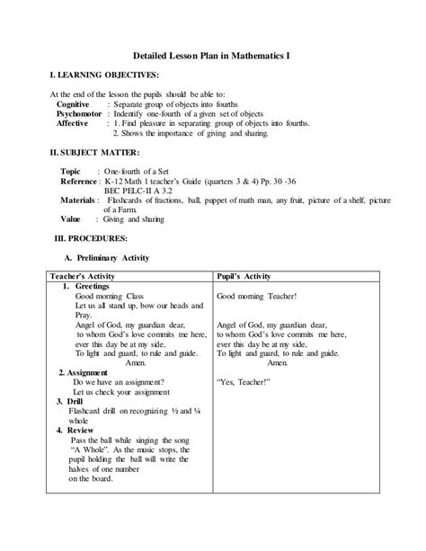 example of 4a's detailed lesson plan in math