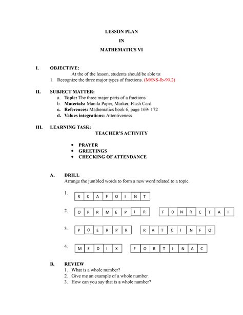 example of 4a's lesson plan in math