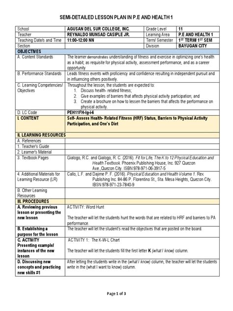 example of 4a's lesson plan in physical education