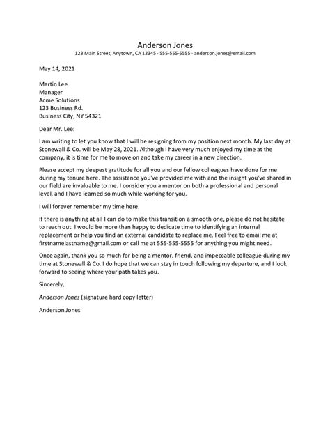 example of a nice resignation letter