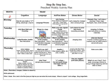 example of a weekly lesson plan for preschool