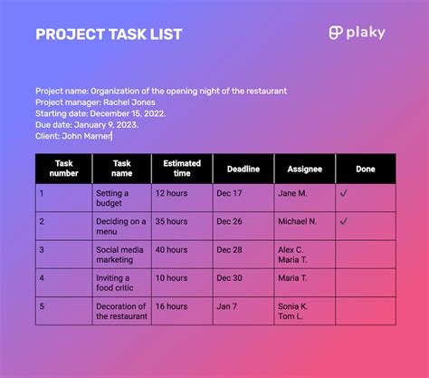 example of a work task list