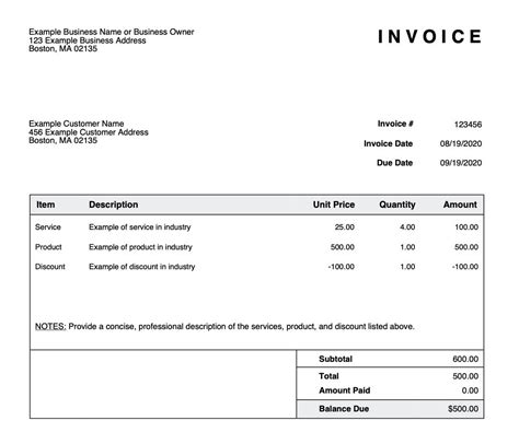 example of a written invoice
