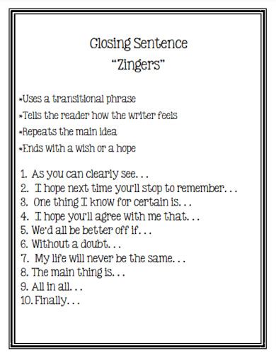 example of closing sentence in a paragraph