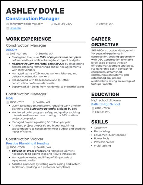 example of construction manager resume