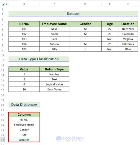 example of data dictionary in excel