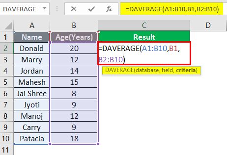 example of database function in excel
