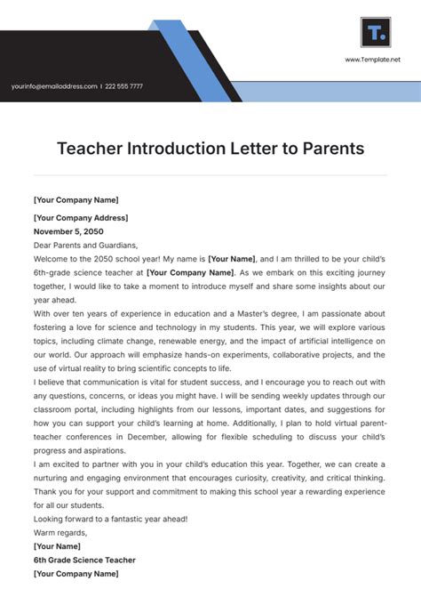 example of introduction letter from teacher to parent