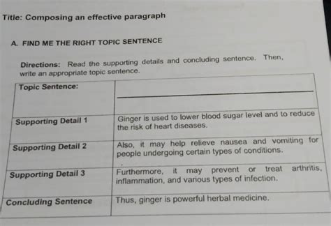 example of paragraph with topic sentence supporting details and concluding sentence brainly
