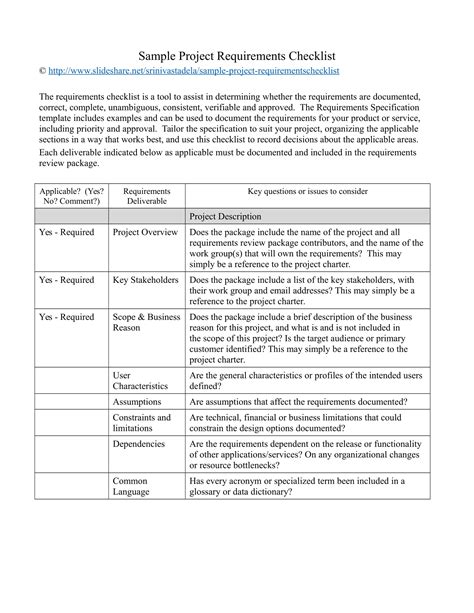 example of project requirements documentation