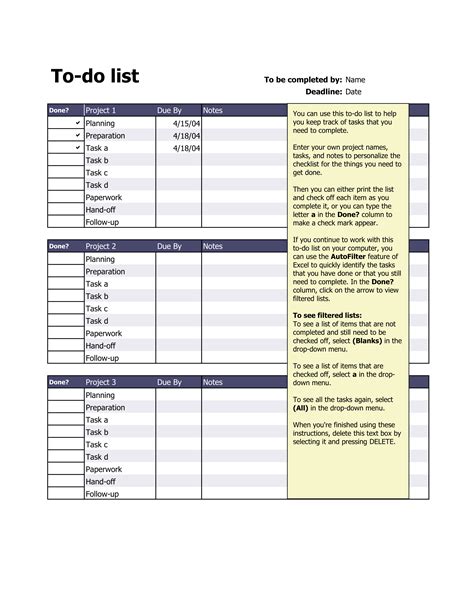 example of project to do list