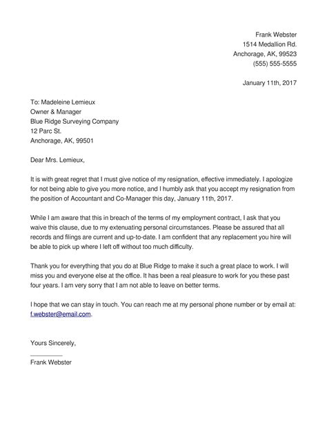 example of resignation letter with immediate effect pdf