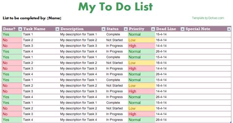 example of to do list in excel