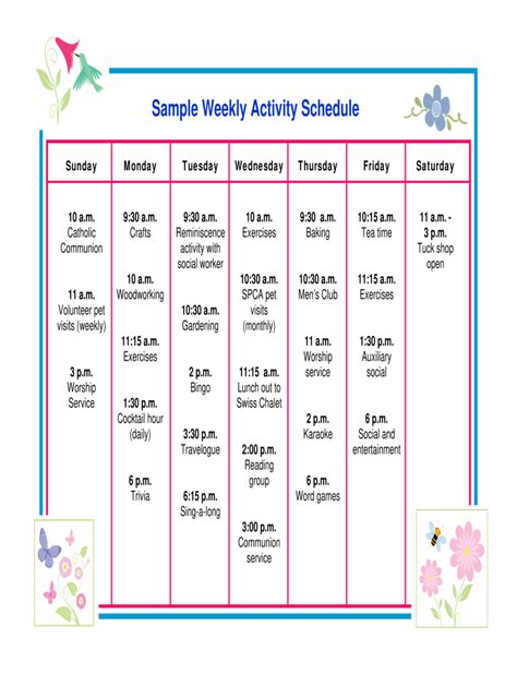 example of weekly activities