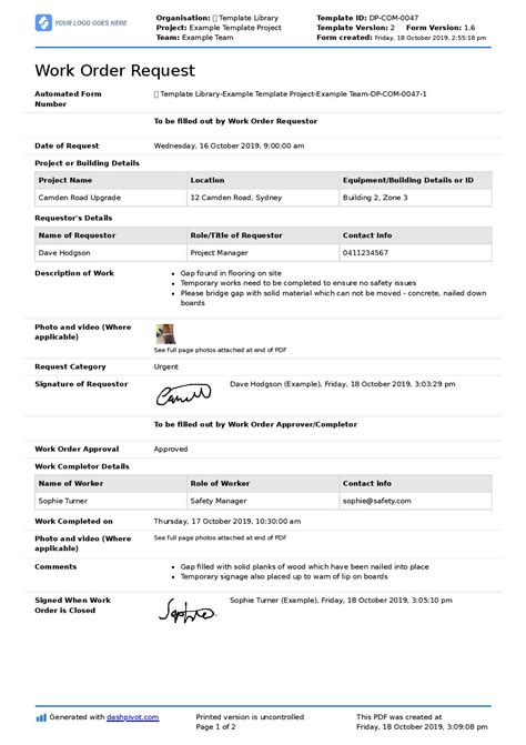 example of work order request form