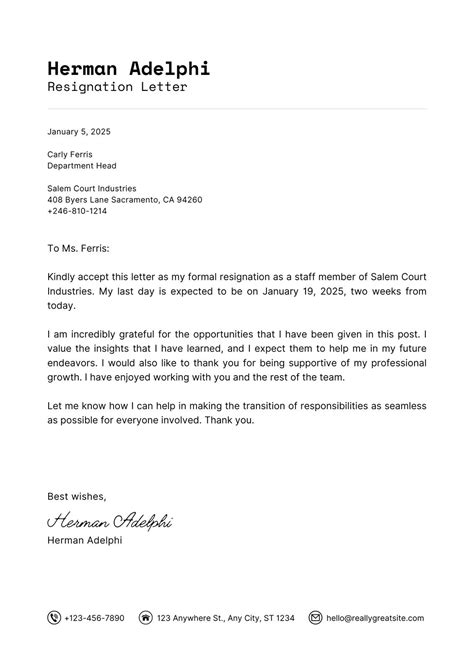 example resignation letter