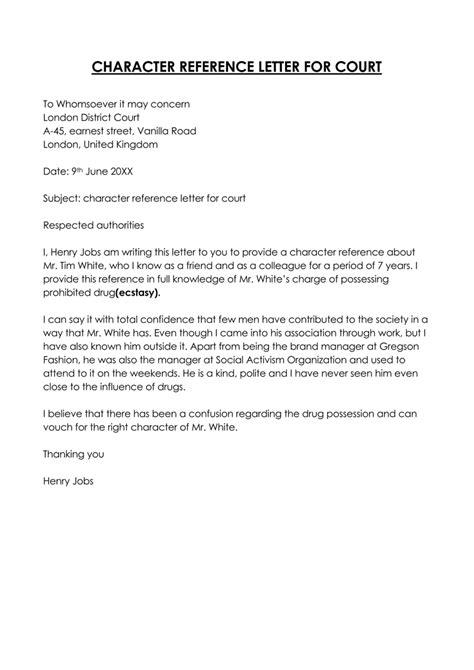 examples of a character reference letter for court