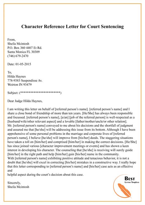 examples of a character reference letter for court hearing