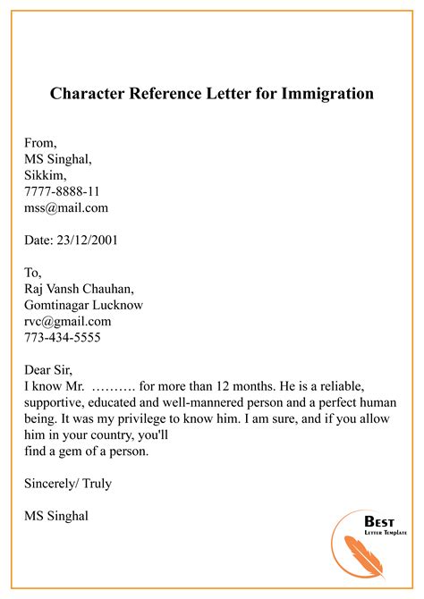 examples of a character reference letter for immigration
