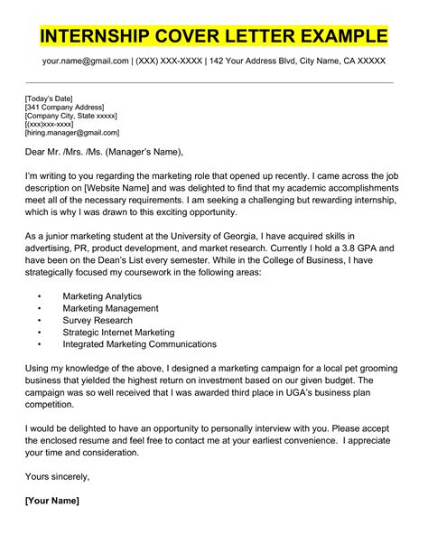 examples of application letters for internship