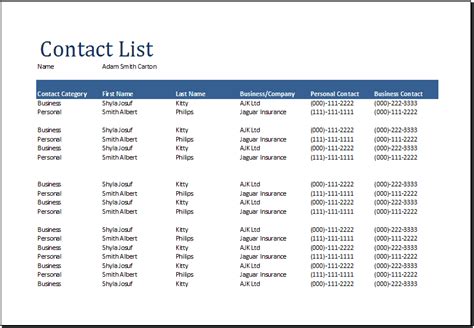 examples of contact lists in excel