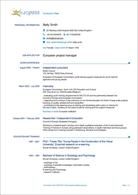 examples of europass cv in english
