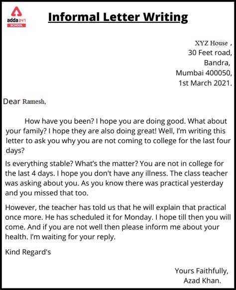 examples of informal letter writing in english