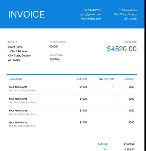 examples of invoices for services rendered