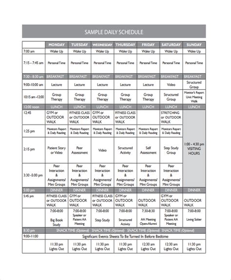 examples of personal timetable