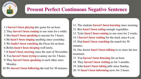 examples of present perfect continuous negative