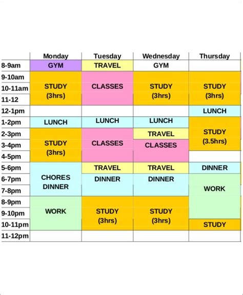 examples of timetable for studying